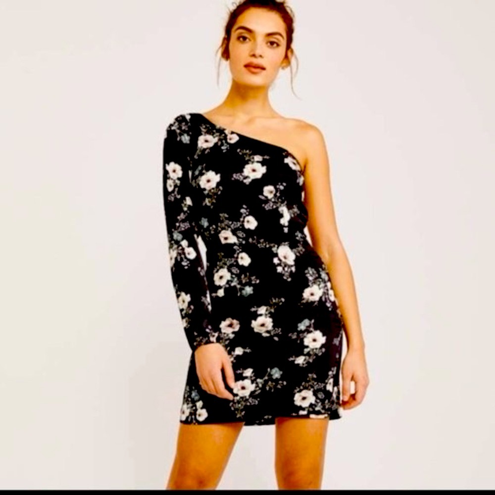 Floral One-Shoulder Black Dress